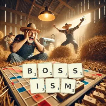 Creative illustration for a Scrabble game with the word BOSSISM spelled out in tiles on the board.