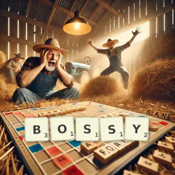Creative illustration for a Scrabble game with the word BOSSY spelled out in tiles on the board.