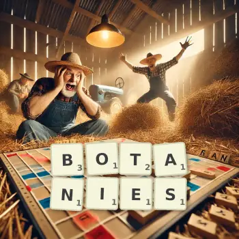 Creative illustration for a Scrabble game with the word BOTANIES spelled out in tiles on the board.