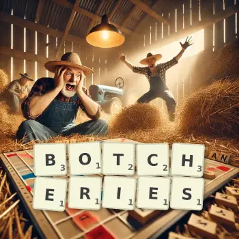 Creative illustration for a Scrabble game with the word BOTCHERIES spelled out in tiles on the board.