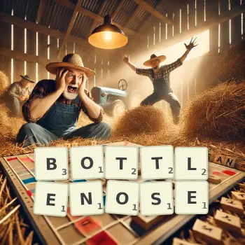 Creative illustration for a Scrabble game with the word BOTTLENOSE spelled out in tiles on the board.