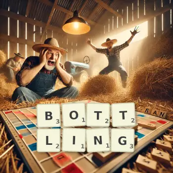 Creative illustration for a Scrabble game with the word BOTTLING spelled out in tiles on the board.