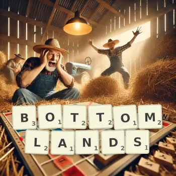 Creative illustration for a Scrabble game with the word BOTTOMLANDS spelled out in tiles on the board.