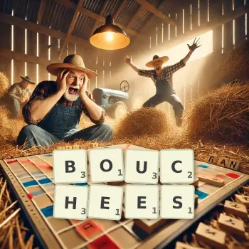 Creative illustration for a Scrabble game with the word BOUCHEES spelled out in tiles on the board.