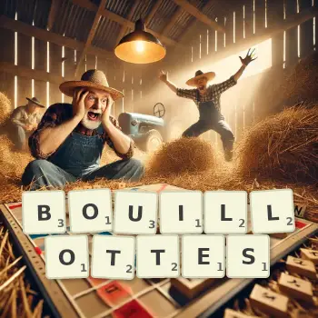 Creative illustration for a Scrabble game with the word BOUILLOTTES spelled out in tiles on the board.