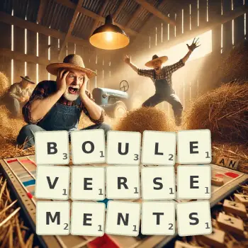 Creative illustration for a Scrabble game with the word BOULEVERSEMENTS spelled out in tiles on the board.
