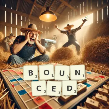 Creative illustration for a Scrabble game with the word BOUNCED spelled out in tiles on the board.