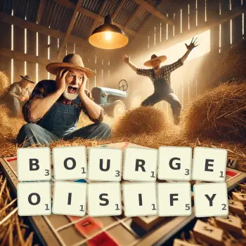 Creative illustration for a Scrabble game with the word BOURGEOISIFY spelled out in tiles on the board.