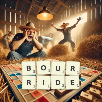 Creative illustration for a Scrabble game with the word BOURRIDE spelled out in tiles on the board.