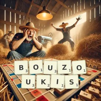 Creative illustration for a Scrabble game with the word BOUZOUKIS spelled out in tiles on the board.