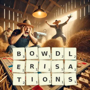 Creative illustration for a Scrabble game with the word BOWDLERISATIONS spelled out in tiles on the board.