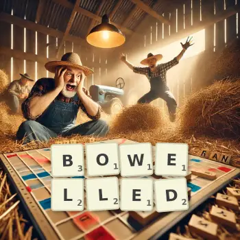 Creative illustration for a Scrabble game with the word BOWELLED spelled out in tiles on the board.