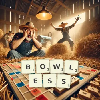 Creative illustration for a Scrabble game with the word BOWLESS spelled out in tiles on the board.