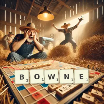 Creative illustration for a Scrabble game with the word BOWNE spelled out in tiles on the board.