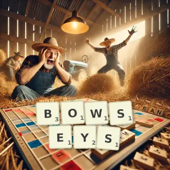 Creative illustration for a Scrabble game with the word BOWSEYS spelled out in tiles on the board.