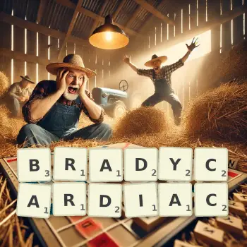 Creative illustration for a Scrabble game with the word BRADYCARDIAC spelled out in tiles on the board.