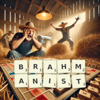 Creative illustration for a Scrabble game with the word BRAHMANIST spelled out in tiles on the board.
