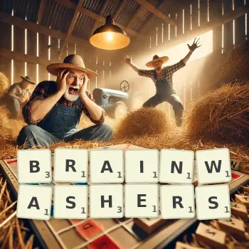 Creative illustration for a Scrabble game with the word BRAINWASHERS spelled out in tiles on the board.