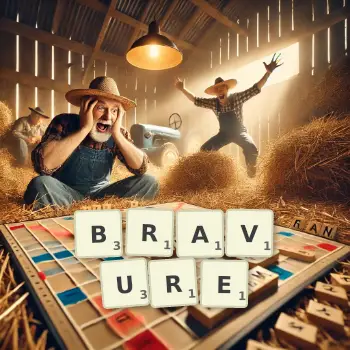 Creative illustration for a Scrabble game with the word BRAVURE spelled out in tiles on the board.