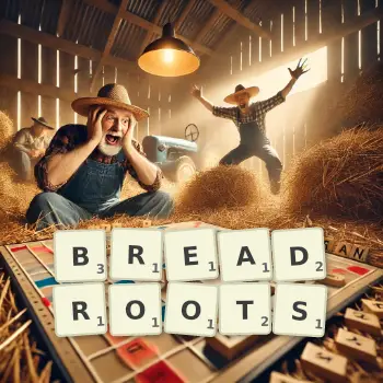 Creative illustration for a Scrabble game with the word BREADROOTS spelled out in tiles on the board.