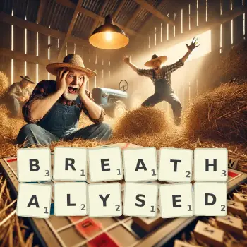 Creative illustration for a Scrabble game with the word BREATHALYSED spelled out in tiles on the board.
