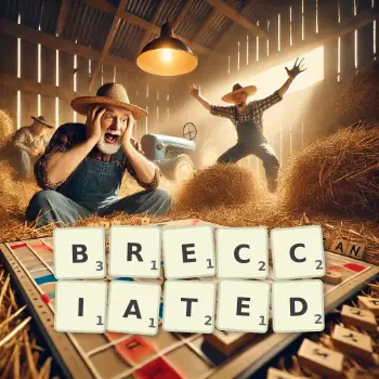 Creative illustration for a Scrabble game with the word BRECCIATED spelled out in tiles on the board.