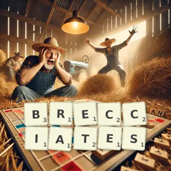 Creative illustration for a Scrabble game with the word BRECCIATES spelled out in tiles on the board.