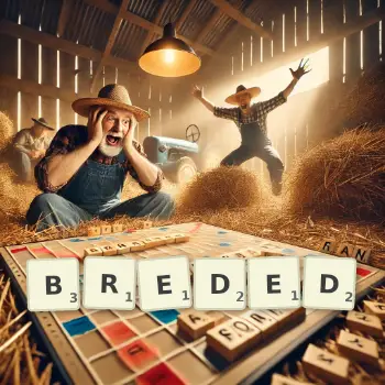 Creative illustration for a Scrabble game with the word BREDED spelled out in tiles on the board.