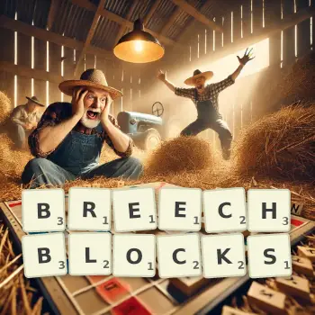 Creative illustration for a Scrabble game with the word BREECHBLOCKS spelled out in tiles on the board.