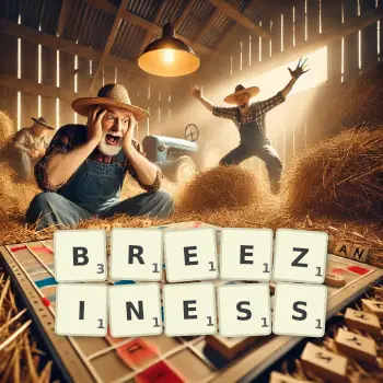 Creative illustration for a Scrabble game with the word BREEZINESS spelled out in tiles on the board.