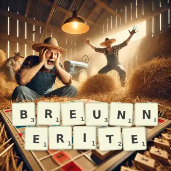 Creative illustration for a Scrabble game with the word BREUNNERITE spelled out in tiles on the board.