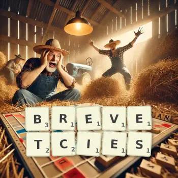 Creative illustration for a Scrabble game with the word BREVETCIES spelled out in tiles on the board.