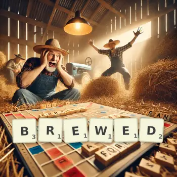 Creative illustration for a Scrabble game with the word BREWED spelled out in tiles on the board.