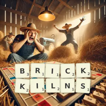 Creative illustration for a Scrabble game with the word BRICKKILNS spelled out in tiles on the board.
