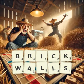 Creative illustration for a Scrabble game with the word BRICKWALLS spelled out in tiles on the board.