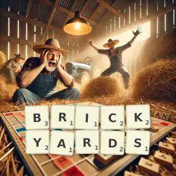 Creative illustration for a Scrabble game with the word BRICKYARDS spelled out in tiles on the board.