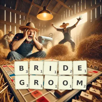 Creative illustration for a Scrabble game with the word BRIDEGROOM spelled out in tiles on the board.