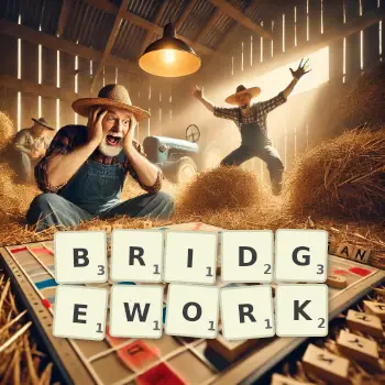 Creative illustration for a Scrabble game with the word BRIDGEWORK spelled out in tiles on the board.