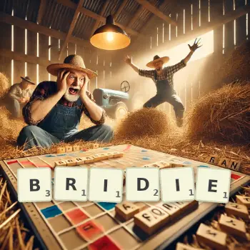 Creative illustration for a Scrabble game with the word BRIDIE spelled out in tiles on the board.