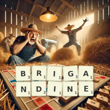 Creative illustration for a Scrabble game with the word BRIGANDINE spelled out in tiles on the board.