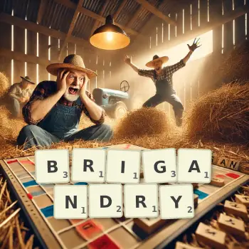 Creative illustration for a Scrabble game with the word BRIGANDRY spelled out in tiles on the board.