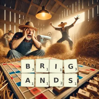 Creative illustration for a Scrabble game with the word BRIGANDS spelled out in tiles on the board.