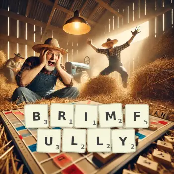 Creative illustration for a Scrabble game with the word BRIMFULLY spelled out in tiles on the board.