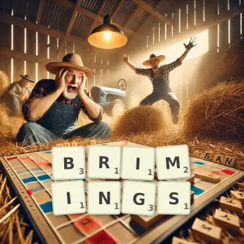 Creative illustration for a Scrabble game with the word BRIMINGS spelled out in tiles on the board.