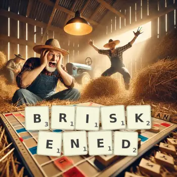 Creative illustration for a Scrabble game with the word BRISKENED spelled out in tiles on the board.