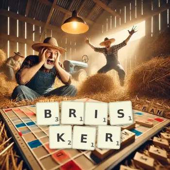 Creative illustration for a Scrabble game with the word BRISKER spelled out in tiles on the board.