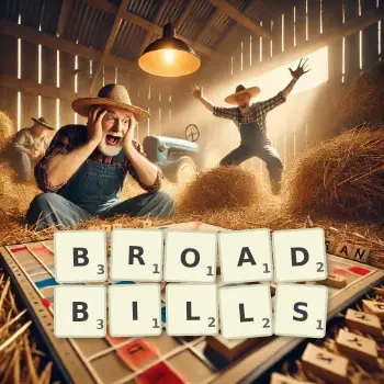 Creative illustration for a Scrabble game with the word BROADBILLS spelled out in tiles on the board.