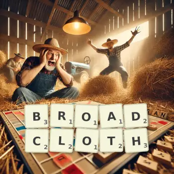 Creative illustration for a Scrabble game with the word BROADCLOTH spelled out in tiles on the board.