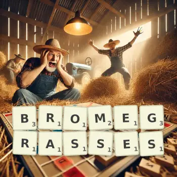 Creative illustration for a Scrabble game with the word BROMEGRASSES spelled out in tiles on the board.