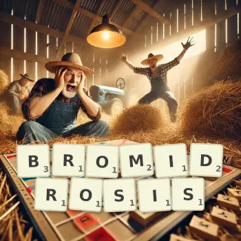Creative illustration for a Scrabble game with the word BROMIDROSIS spelled out in tiles on the board.